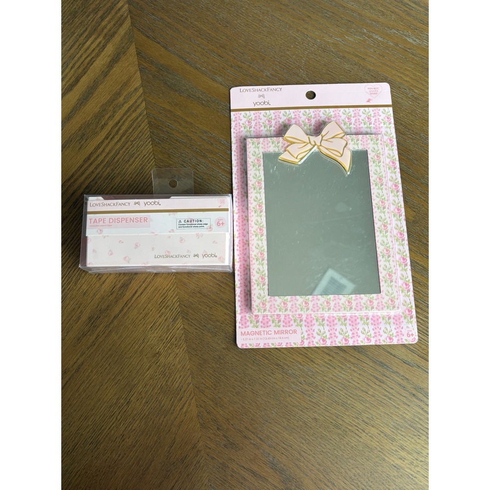 LoveShackFancy x Yoobi Magnetic Mirror and Tape Dispenser Set Pink Floral Bow